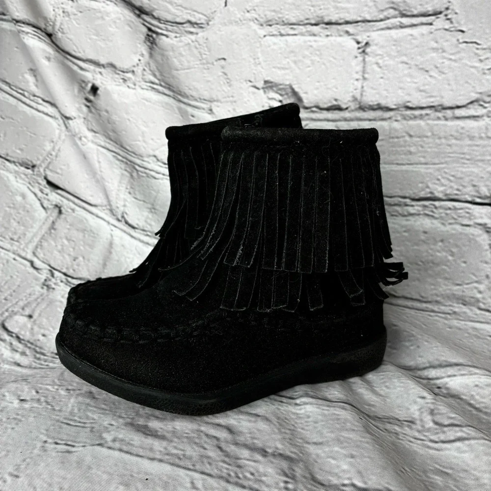 Little Girl Black Faux Suede Hippie Indie Boho Fringe Moccasin Zip Up Boots Sz 5